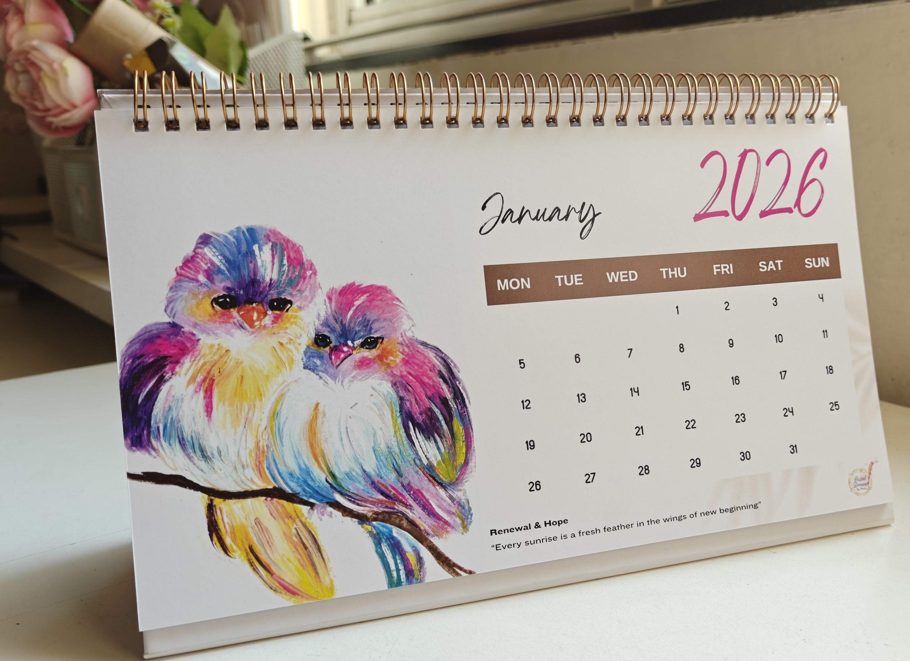 Pack of 2 | 2026 Hand-Painted Birds Desk Calendar | Artistic Table Calendar | Premium Spiral Stand Calendar for Home & Office Décor